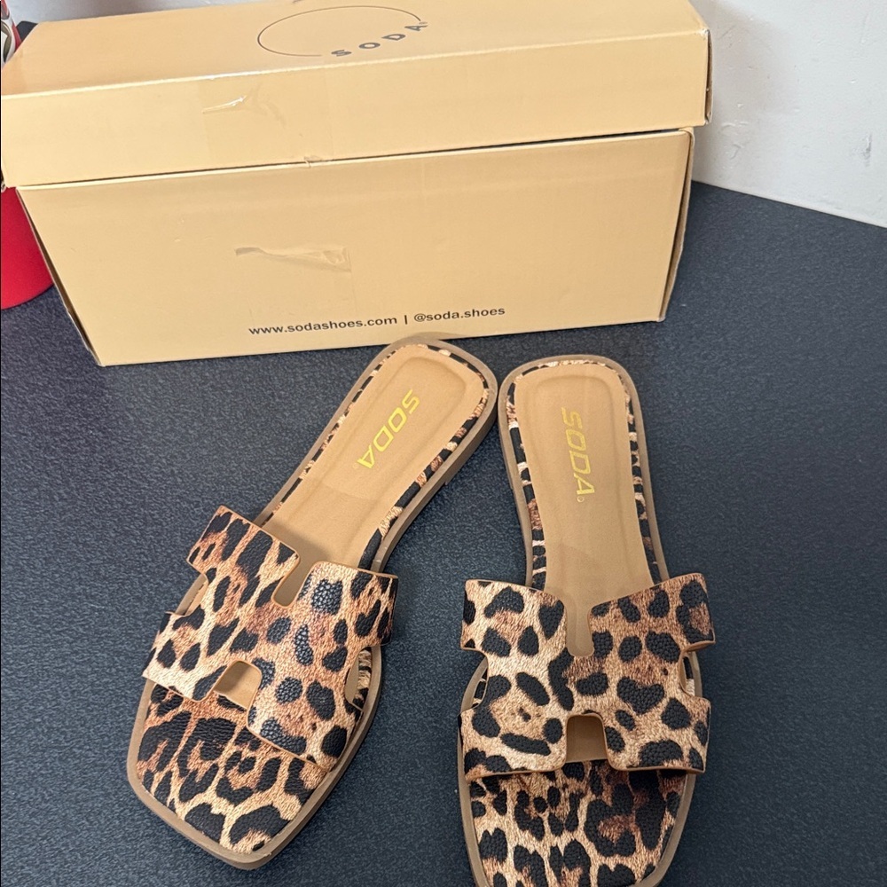 SODA Leopard-Print Slide Sandals in Brown/Tan